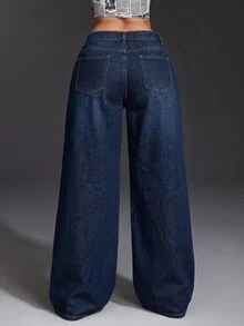 SHEIN Tall Women's Rivet Decor Straight Leg Jeans - Blue - View 3