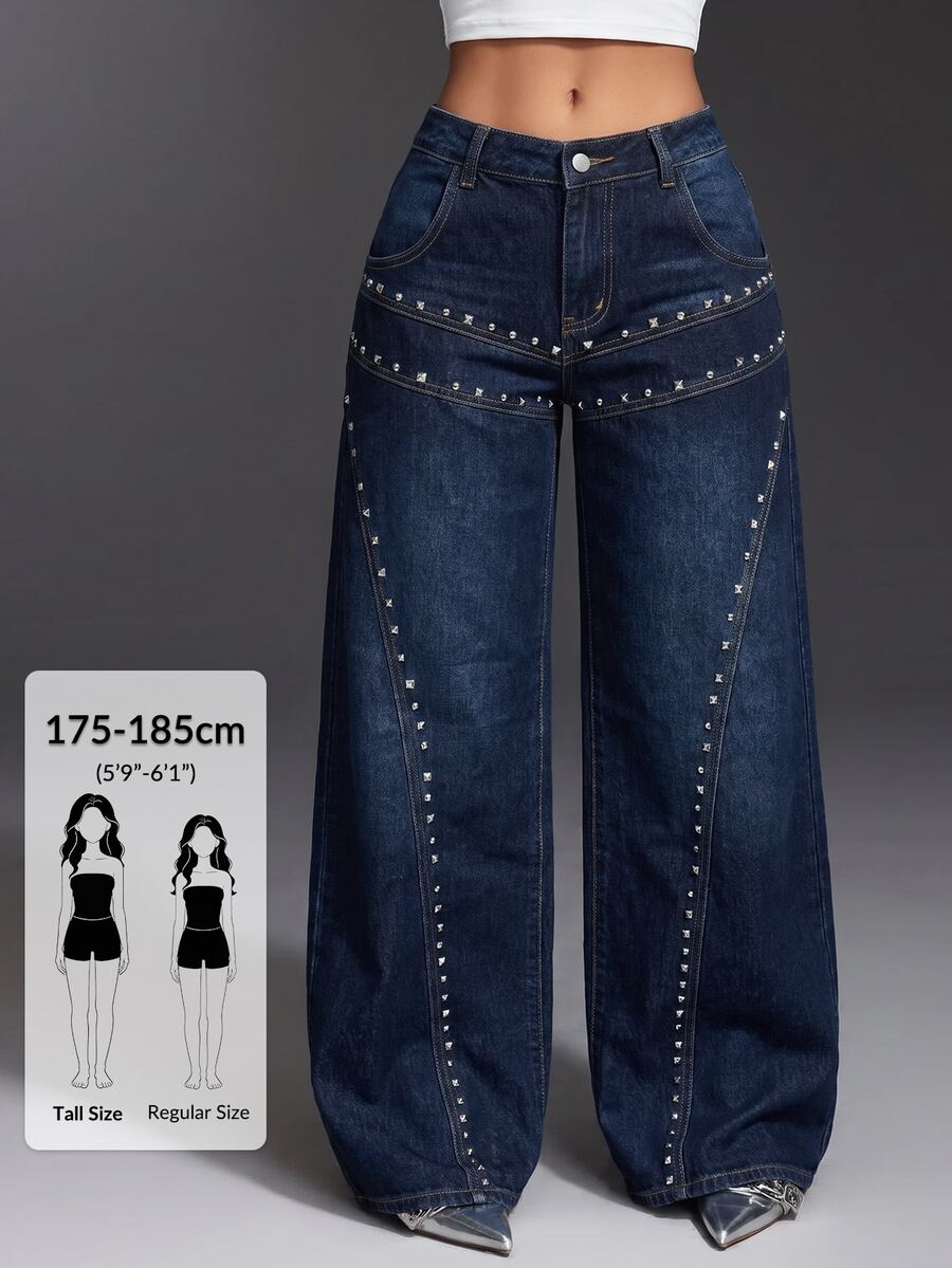 SHEIN Tall Women's Rivet Decor Straight Leg Jeans - Blue - View 1