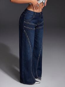SHEIN Tall Women's Rivet Decor Straight Leg Jeans - Blue - View 5