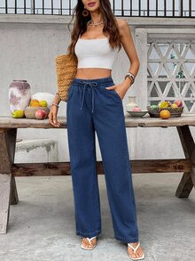 SHEIN Tall Casual Washed Straight Leg Denim Jeans Vacation Navy Blue Summer - Blue - View 6