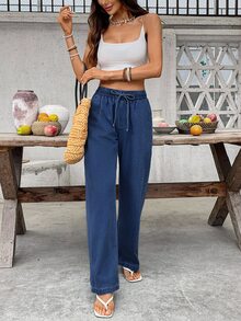 SHEIN Tall Casual Washed Straight Leg Denim Jeans Vacation Navy Blue Summer - Blue - View 4