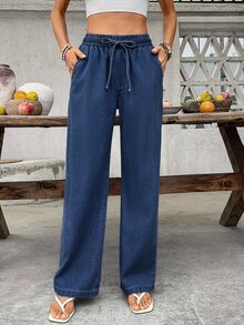 SHEIN Tall Casual Washed Straight Leg Denim Jeans Vacation Navy Blue Summer - Blue - View 7