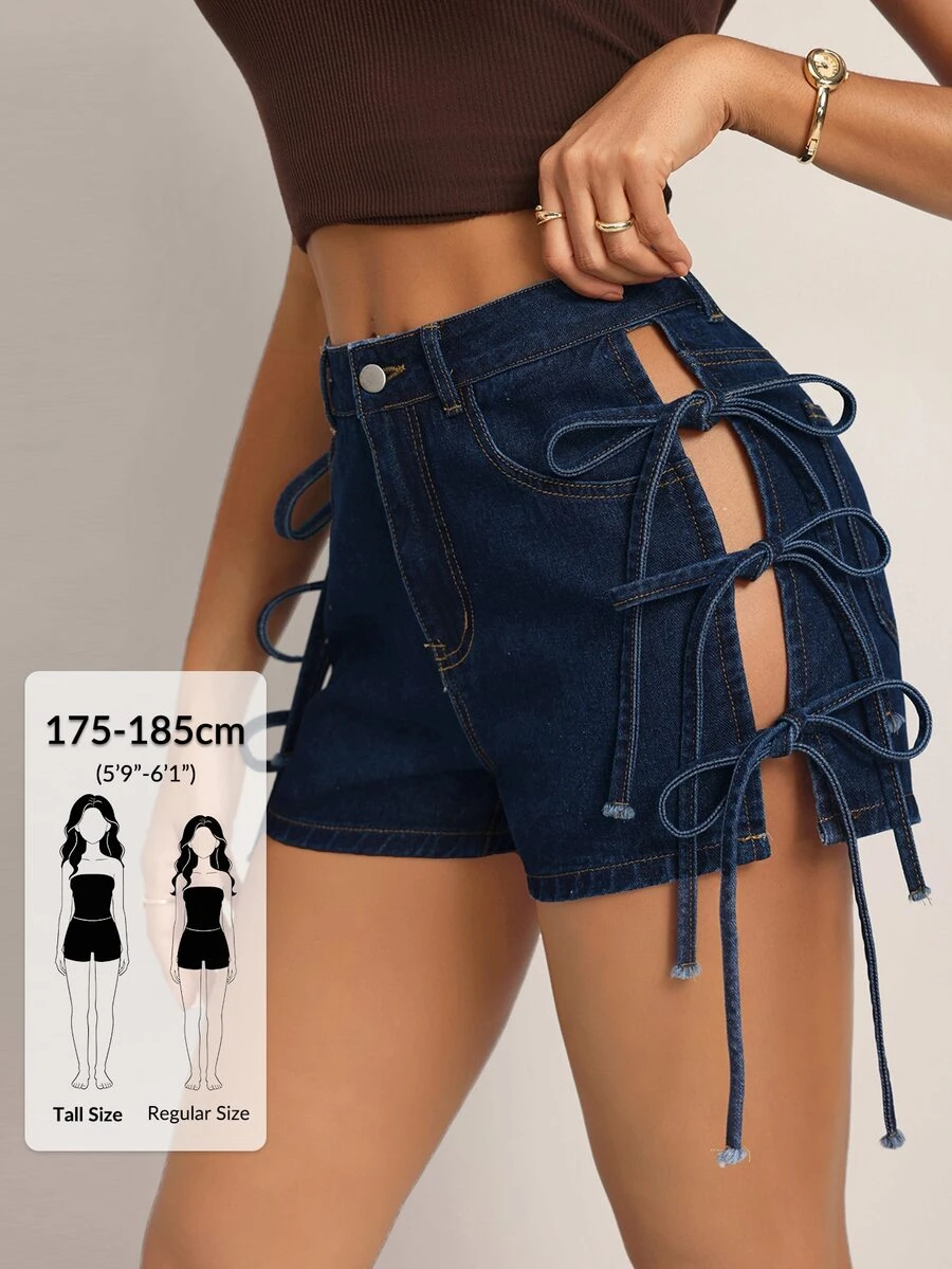 SHEIN Tall 女款休閒牛仔短褲,附側邊口袋與腰部綁帶 - 藍色 - 查看 1