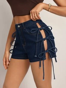 SHEIN Tall 女款休閒牛仔短褲，附側邊口袋與腰部綁帶 - 藍色 - 查看 8