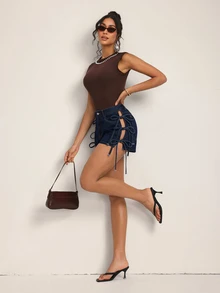SHEIN Tall 女款休閒牛仔短褲，附側邊口袋與腰部綁帶 - 藍色 - 查看 7
