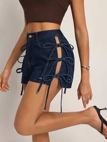 SHEIN Tall 女款休閒牛仔短褲，附側邊口袋與腰部綁帶 - 藍色 - 查看 3