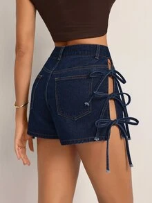 SHEIN Tall 女款休閒牛仔短褲，附側邊口袋與腰部綁帶 - 藍色 - 查看 2