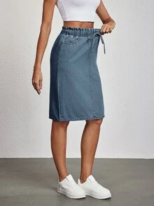 SHEIN Tall 女款時尚百搭口袋綁帶休閒牛仔裙 日常旅行淺藍色夏季 - 藍色 - 查看 4