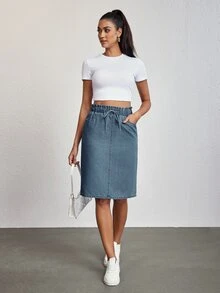 SHEIN Tall 女款時尚百搭口袋綁帶休閒牛仔裙 日常旅行淺藍色夏季 - 藍色 - 查看 6