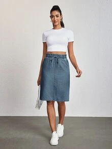 SHEIN Tall 女款時尚百搭口袋綁帶休閒牛仔裙 日常旅行淺藍色夏季 - 藍色 - 查看 5