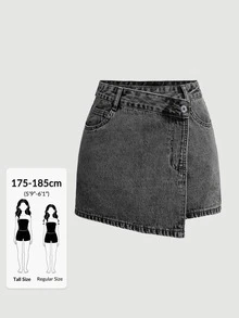SHEIN Tall 女款休閒牛仔裙，不對稱下擺附口袋設計 - 黑色 - 查看 1