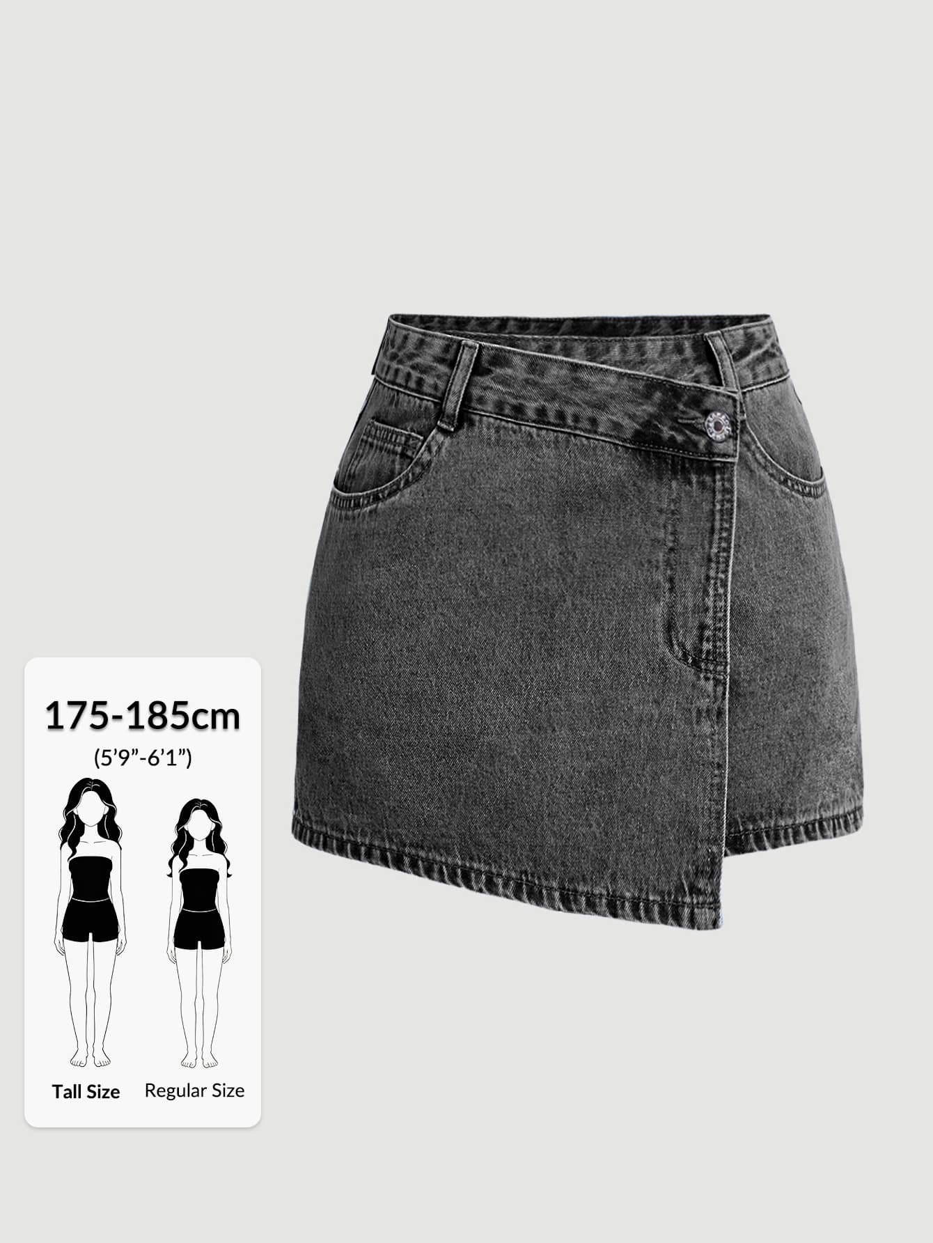 SHEIN Tall 女款休閒牛仔裙,不對稱下擺附口袋設計 - 黑色 - 查看 1