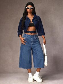 SHEIN Tall Women's Casual Everyday Commute Versatile Loose Cropped Wide Leg Jeans, Tall Women - Blue - View 5