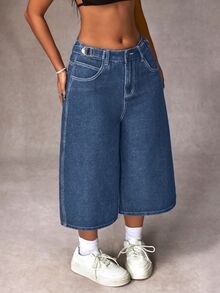 SHEIN Tall Women's Casual Everyday Commute Versatile Loose Cropped Wide Leg Jeans, Tall Women - Blue - View 3
