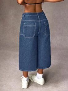 SHEIN Tall Women's Casual Everyday Commute Versatile Loose Cropped Wide Leg Jeans, Tall Women - Blue - View 2