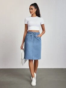 SHEIN Tall 女款休閒抽繩腰直筒牛仔裙，夏季，高個女性適用 - 藍色 - 查看 6