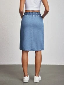 SHEIN Tall 女款休閒抽繩腰直筒牛仔裙，夏季，高個女性適用 - 藍色 - 查看 2