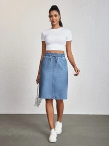 SHEIN Tall 女款休閒抽繩腰直筒牛仔裙，夏季，高個女性適用 - 藍色 - 查看 5