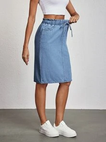 SHEIN Tall 女款休閒抽繩腰直筒牛仔裙，夏季，高個女性適用 - 藍色 - 查看 4