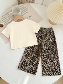 SHEIN LMoss Kids 女嬰針織素色豹紋櫻桃圖案圓領T恤與梭織寬鬆豹紋長褲2件套 - 彩色 - 查看 2