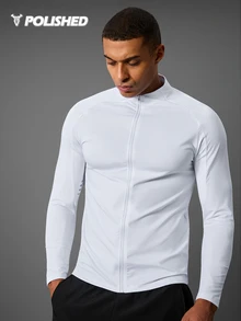 Acti Log Boyfriend Style Men Solid Zip Up Sports Jacket Workout Tops Casual Plain Long Sleeve Jacket Jogger Running Jacket Workout Tops Fall Fall Breathable Sports Jacket - White - View 7