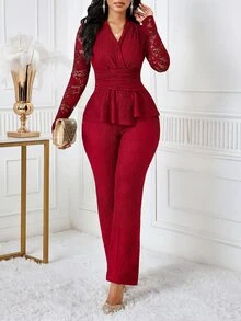 SHEIN Lady 大尺碼女款優雅休閒兩件套，對比蕾絲收腰上衣搭配喇叭褲，正式婚禮晚宴晚裝，酒紅色，秋季 - 紅色 - 查看 4