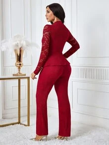 SHEIN Lady 大尺碼女款優雅休閒兩件套，對比蕾絲收腰上衣搭配喇叭褲，正式婚禮晚宴晚裝，酒紅色，秋季 - 紅色 - 查看 3