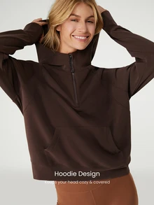 GLOWMODE Modal Silk Touch Oversized Long Sleeve Half-Zip Sweatshirt  Spring Summer - Chocolate Brown - View 4