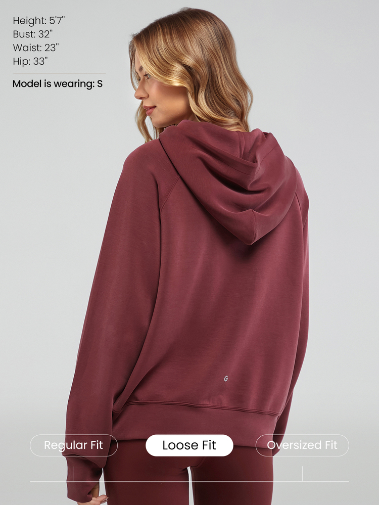 GLOWMODE Modal Silk Touch Oversized Long Sleeve Half-Zip Sweatshirt  Spring Summer - Burgundy - View 2