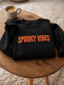 Resyla Men Men's Halloween Spooky Vibes Dripping Letter Crew Neck Sweatshirt, Autumn Vibe Essential! With Halloween Dark Relaxed Atmosphere, Minimalist Fit Suitable For Any. Heavyweight Fleece Cotton Fabric Soft And Skin-Friendly, Unisex Style; Subtle Holiday Theme Design, Wearable Before And After Halloween, Suitable For Autumn Outings And Daily Commute - Black - View 3