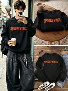 Resyla Men Men's Halloween Spooky Vibes Dripping Letter Crew Neck Sweatshirt, Autumn Vibe Essential! With Halloween Dark Relaxed Atmosphere, Minimalist Fit Suitable For Any. Heavyweight Fleece Cotton Fabric Soft And Skin-Friendly, Unisex Style; Subtle Holiday Theme Design, Wearable Before And After Halloween, Suitable For Autumn Outings And Daily Commute - Black - View 1