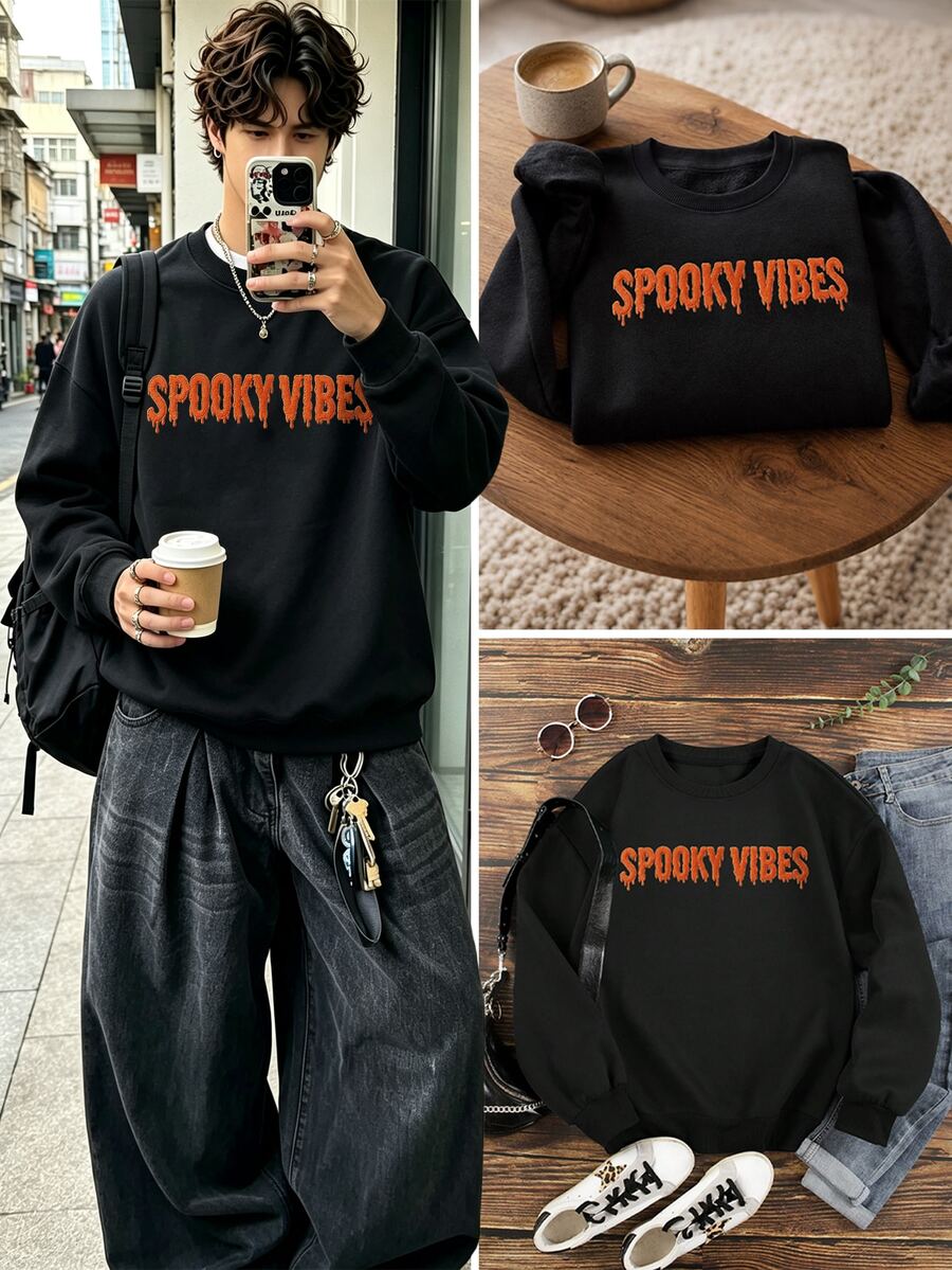 Resyla Men Men's Halloween Spooky Vibes Dripping Letter Crew Neck Sweatshirt, Autumn Vibe Essential! With Halloween Dark Relaxed Atmosphere, Minimalist Fit Suitable For Any. Heavyweight Fleece Cotton Fabric Soft And Skin-Friendly, Unisex Style; Subtle Holiday Theme Design, Wearable Before And After Halloween, Suitable For Autumn Outings And Daily Commute - Black - View 1