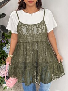 GalTyme 大尺碼女款甜美蕾絲透視細肩帶洋裝，橄欖綠哥德風優雅正式晚禮服，適合夏季秋季度假、婚禮、約會之夜、賓客出席 - 橄欖綠 - 查看 6