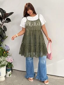 GalTyme 大尺碼女款甜美蕾絲透視細肩帶洋裝，橄欖綠哥德風優雅正式晚禮服，適合夏季秋季度假、婚禮、約會之夜、賓客出席 - 橄欖綠 - 查看 5
