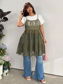 GalTyme 大尺碼女款甜美蕾絲透視細肩帶洋裝，橄欖綠哥德風優雅正式晚禮服，適合夏季秋季度假、婚禮、約會之夜、賓客出席 - 橄欖綠 - 查看 7