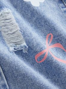 Young Girl Girls' Pink Floral Pattern Young Girl Light Blue Denim Distressed Loose Long Pants - Medium Wash - View 7