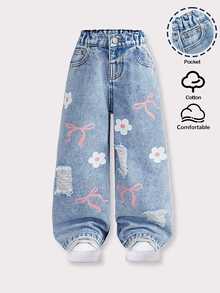 Young Girl Girls' Pink Floral Pattern Young Girl Light Blue Denim Distressed Loose Long Pants - Medium Wash - View 5
