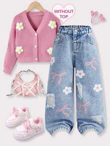 Young Girl Girls' Pink Floral Pattern Young Girl Light Blue Denim Distressed Loose Long Pants - Medium Wash - View 4