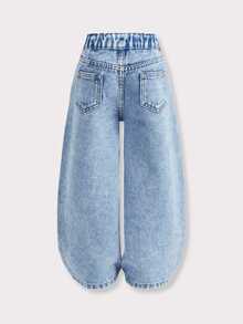 Young Girl Girls' Pink Floral Pattern Young Girl Light Blue Denim Distressed Loose Long Pants - Medium Wash - View 3