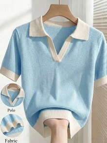 SHEIN 女款春夏撞色簡約波西米亞休閒 Polo 領短袖修身針織上衣，適合日常穿著與度假，藍白配色 - 淺藍色 - 查看 7