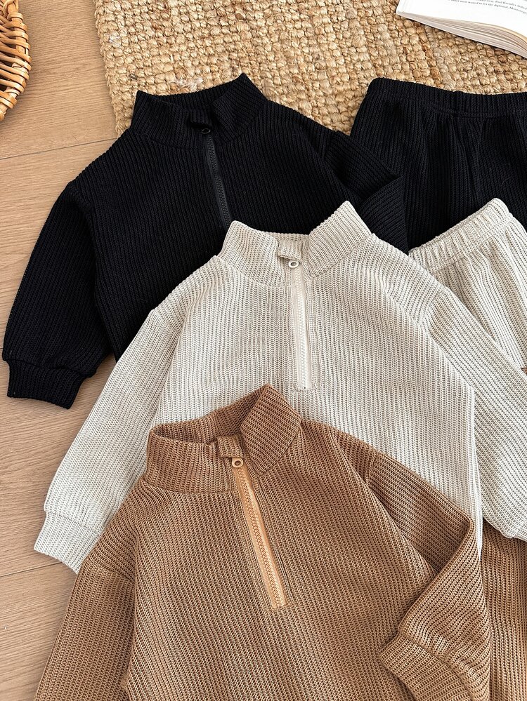 SHEIN Baby Boy 2 Pieces Set Solid Color Waffle Knit Half-Zip Stand Collar Sweatshirt Long Sleeve Top And Cuffed Pants, Autumn/Winter New Stylish Outfit For Baby Daily Wear And Outings, Multi-Piece Set Combination With More Options, Essential Wardrobe Set For Autumn/Winter - Multicolor - View 7