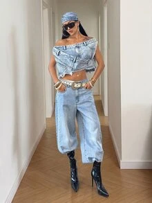 StreetHx Women's Asymmetrical Shoulder Frayed Design Cropped Streetwear Y2k Casual Techno Denim Top Going Out Night Club Night Out Concert Light Blue Summer - Light Wash - View 3