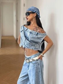 StreetHx Women's Asymmetrical Shoulder Frayed Design Cropped Streetwear Y2k Casual Techno Denim Top Going Out Night Club Night Out Concert Light Blue Summer - Light Wash - View 1