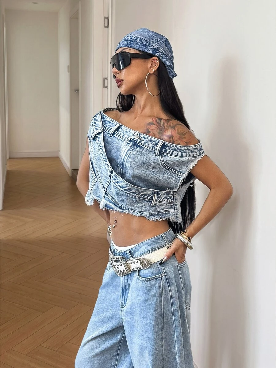 StreetHx Women's Asymmetrical Shoulder Frayed Design Cropped Streetwear Y2k Casual Techno Denim Top Going Out Night Club Night Out Concert Light Blue Summer - Light Wash - View 1