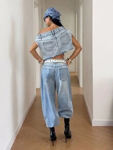 StreetHx Women's Asymmetrical Shoulder Frayed Design Cropped Streetwear Y2k Casual Techno Denim Top Going Out Night Club Night Out Concert Light Blue Summer - Light Wash - View 6