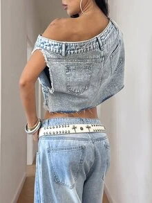StreetHx Women's Asymmetrical Shoulder Frayed Design Cropped Streetwear Y2k Casual Techno Denim Top Going Out Night Club Night Out Concert Light Blue Summer - Light Wash - View 2