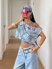 StreetHx Women's Asymmetrical Shoulder Frayed Design Cropped Streetwear Y2k Casual Techno Denim Top Going Out Night Club Night Out Concert Light Blue Summer - Light Wash - View 7