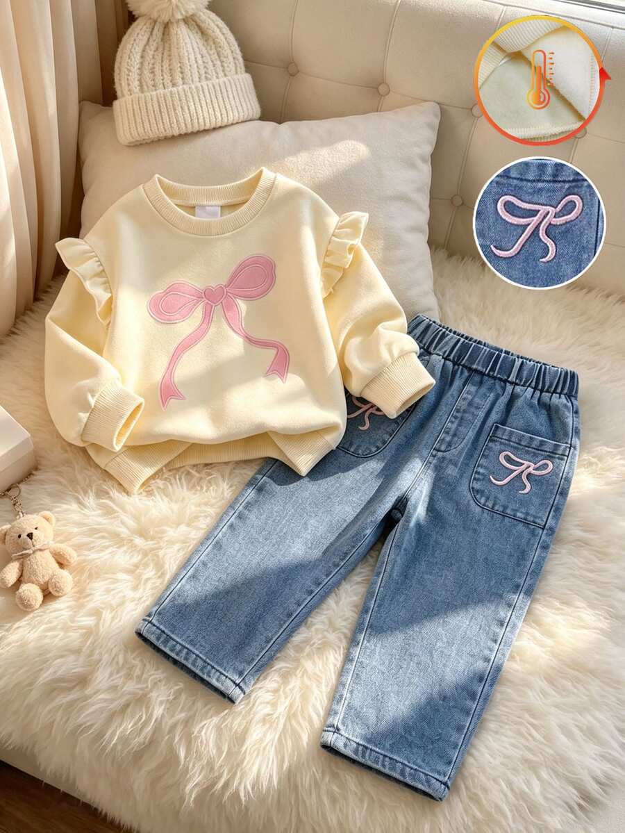 女童刺繡牛仔蝴蝶結連帽衛衣與運動衫套裝，可愛上衣，牛仔兩件套，甜美蝴蝶結刺繡保暖內裡帽子