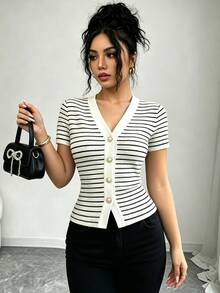 Elenzga 女款 V 領羅紋短袖假門襟設計優雅休閒修身 T-shirt，適合早午餐、海灘，黑白條紋夏季款 - 黑與白 - 查看 3