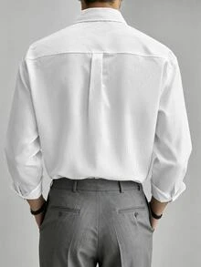 QuarKem 男士純色長袖單排扣休閒通勤襯衫 - 白色 - 查看 2